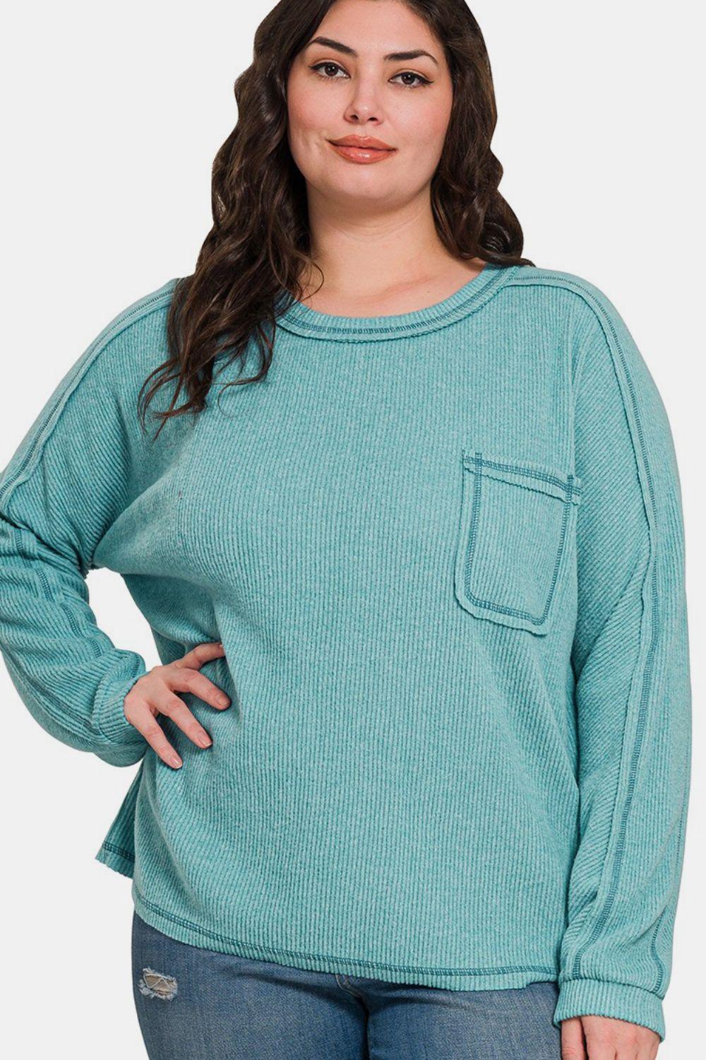 Zenana Full Size Contrast Stitching Brushed Ribbed Hacci Knit Top Plu Size - Clothes For Her Online Store