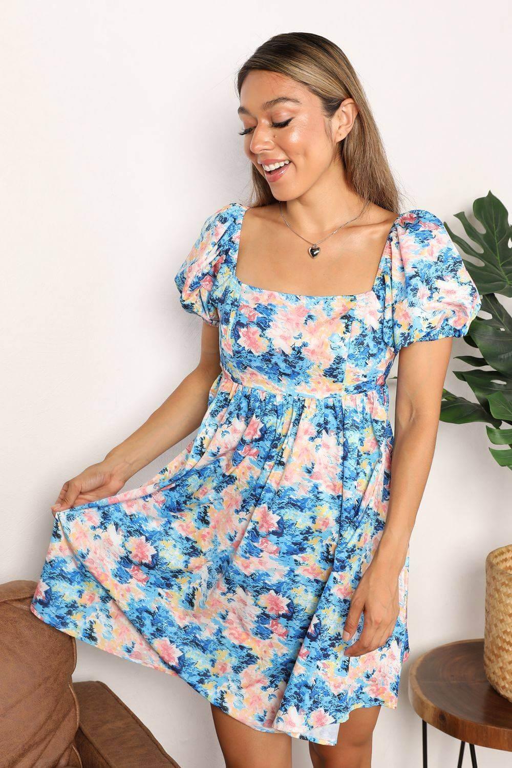 Honey Floral Square Neck Puff Sleeve Dress - Clothes For Her Online Store