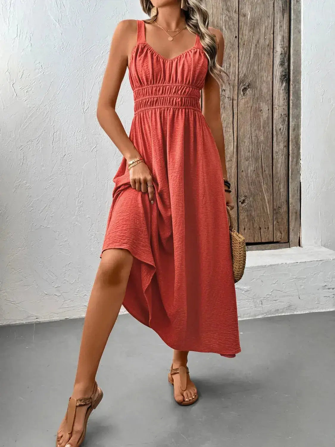 V-Neck Wide Strap Midi Cami Dress