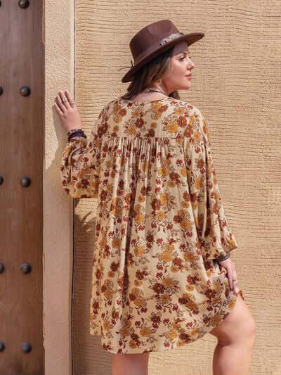 Plus Size Printed V-Neck Balloon Sleeve Mini Dress - Clothes For Her Online Store