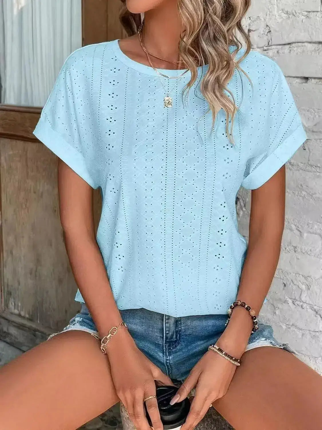 Eyelet Round Neck Short Sleeve Top - Clothes For Her Online Store