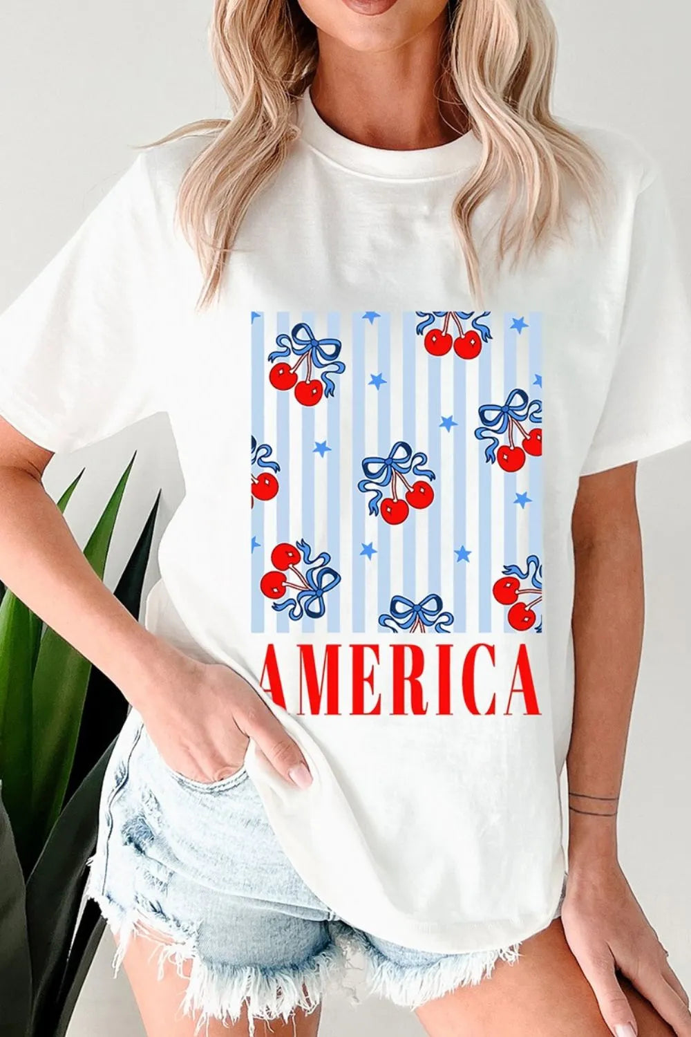 Bow Cherry AMERICA Graphic Crewneck Patriotic T Shirt