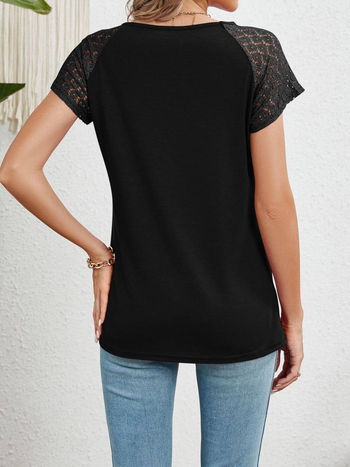Round Neck Lace Short Sleeve Top - Clothes For Her Online Store