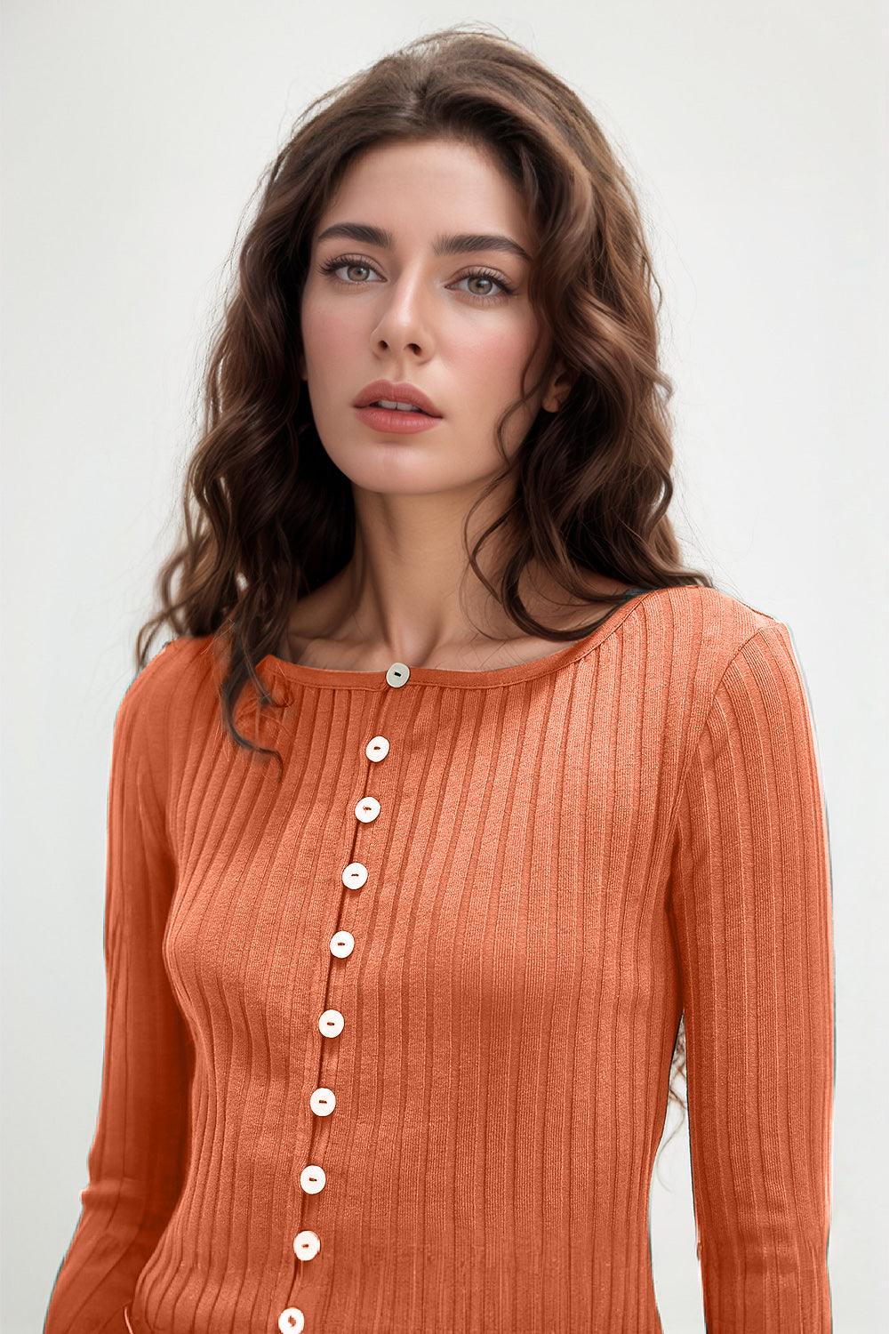 Basic Bae Texture Button Up Round Neck Long Sleeve Top - Clothes For Her Online Store