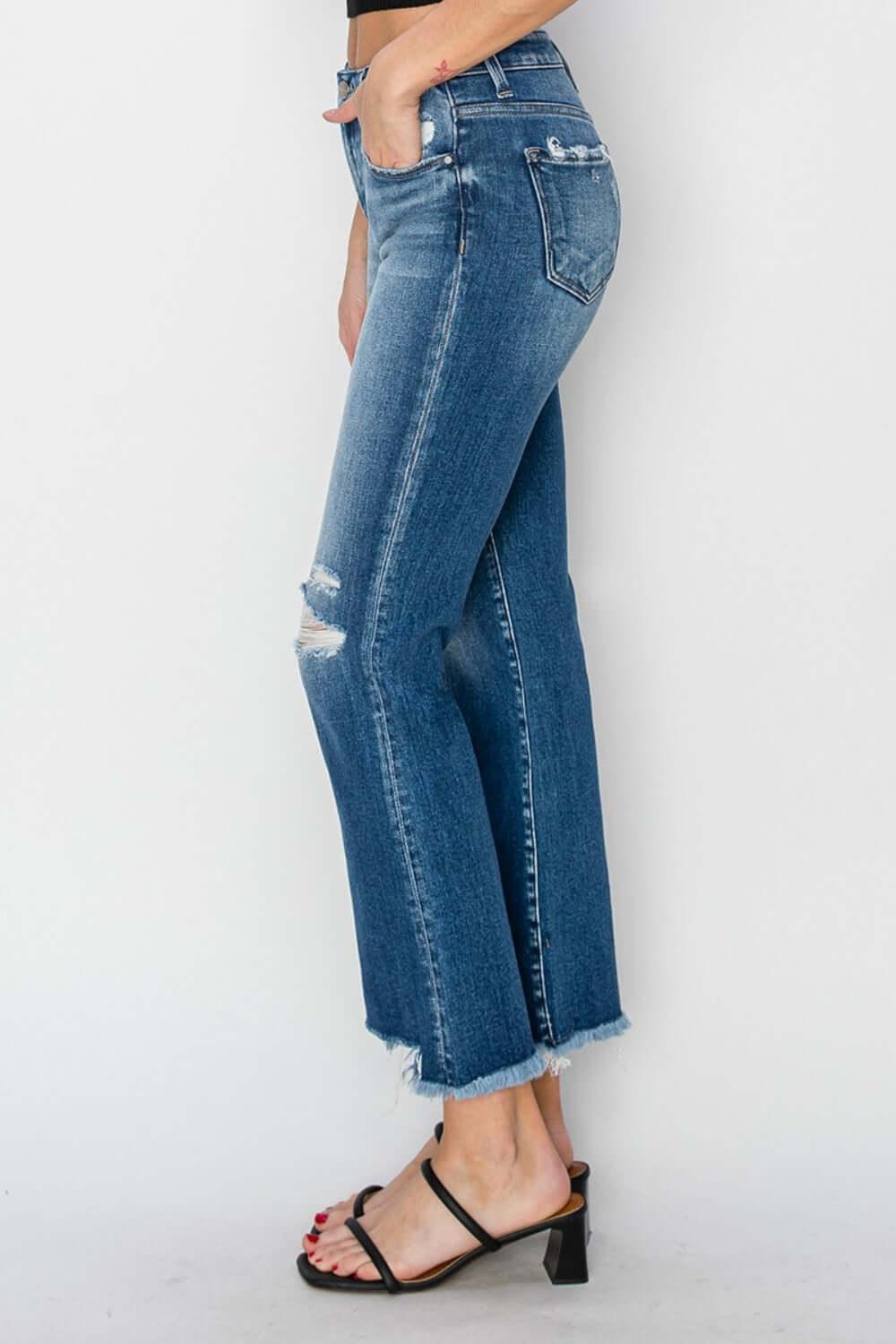 RISEN Full Size Frayed Step Hem Ankle Straight Jeans - Clothes For Her Online Store