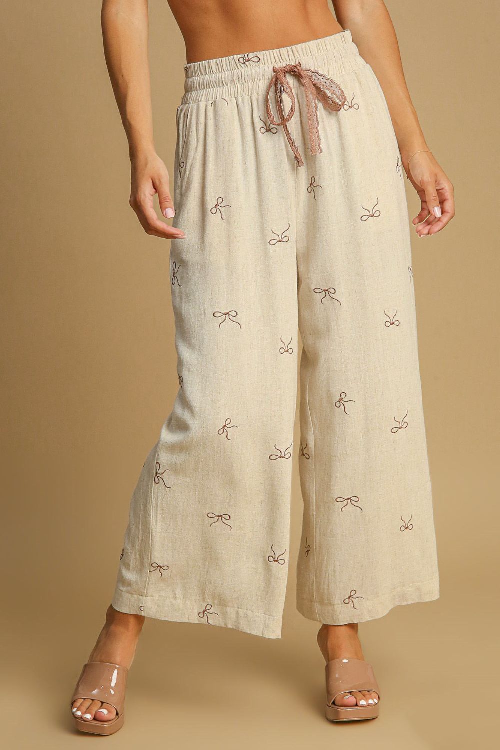 Umgee Full Size Lace Drawstring Embroidered Bow Wide Leg Pants Plus Size - Clothes For Her Online Store