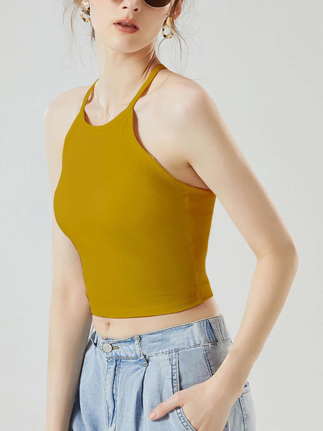 Grecian Neck Cropped Tank with Chest Pads - Clothes For Her Online Store
