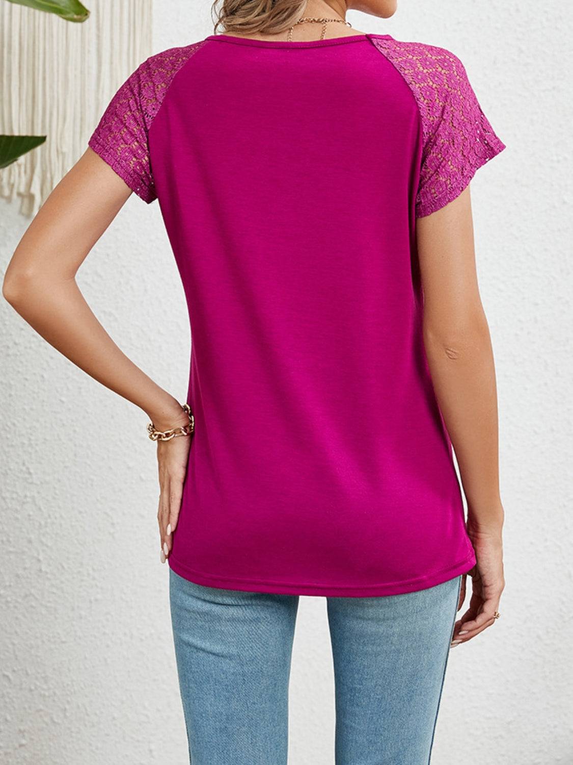 Round Neck Lace Short Sleeve Top - Clothes For Her Online Store