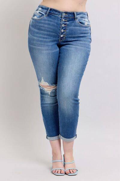Judy Blue Full Size Button Fly Distressed Jeans with Pockets Plus Size - Clothes For Her Online Store