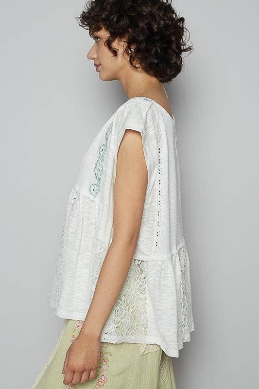 POL Embroidered Detail Boat Neck Cap Sleeve Lace Blouse - Clothes For Her Online Store