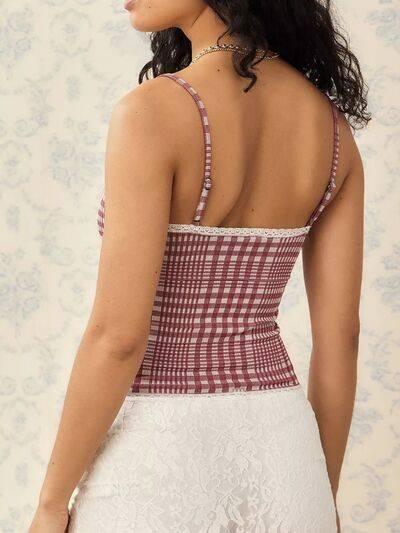 Lace Detail Plaid Square Neck Cami - Clothes For Her Online Store