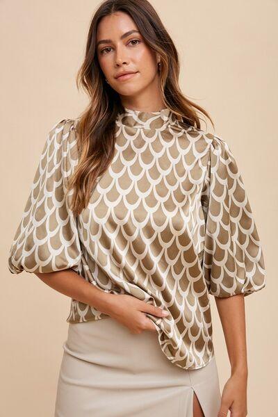 Annie Wear Tie Back Abstract Print Mock Neck Half Sleeve Blouse - Clothes For Her Online Store