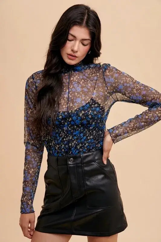 Annie Wear Floral Lettuce Hem Sheer Mesh Top