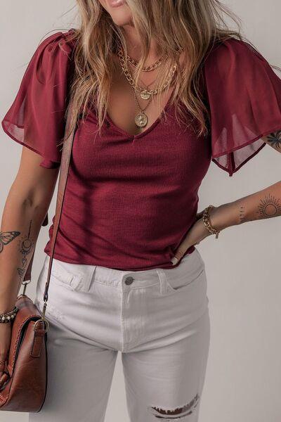 Mesh Short Sleeve Slim V-Neck Top - Clothes For Her Online Store