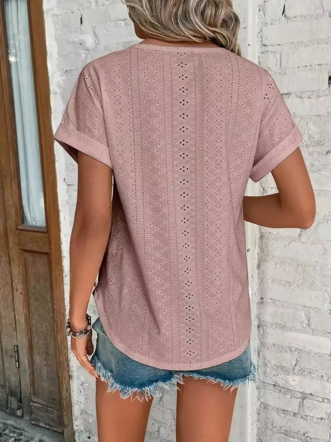 Eyelet Round Neck Short Sleeve Top - Clothes For Her Online Store