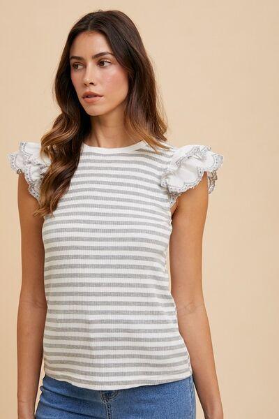 Annie Wear Ruffled Striped Round Neck Cap Sleeve Knit Top - Clothes For Her Online Store