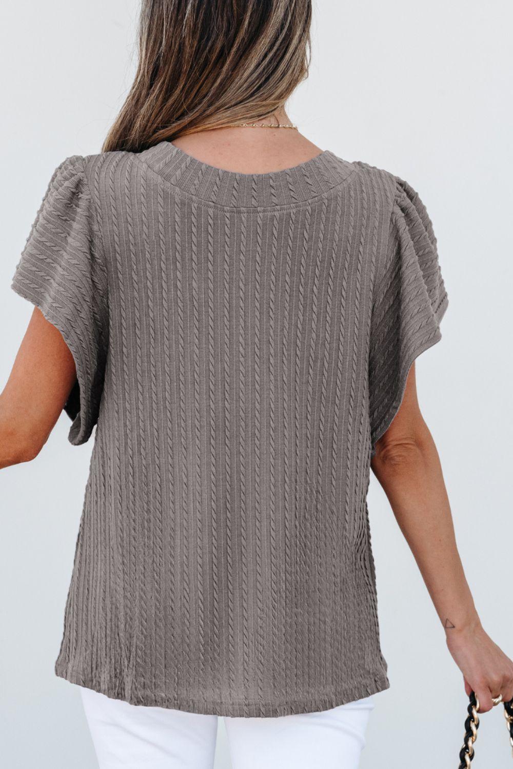 Textured Round Neck Flounce Sleeve Blouse - Clothes For Her Online Store