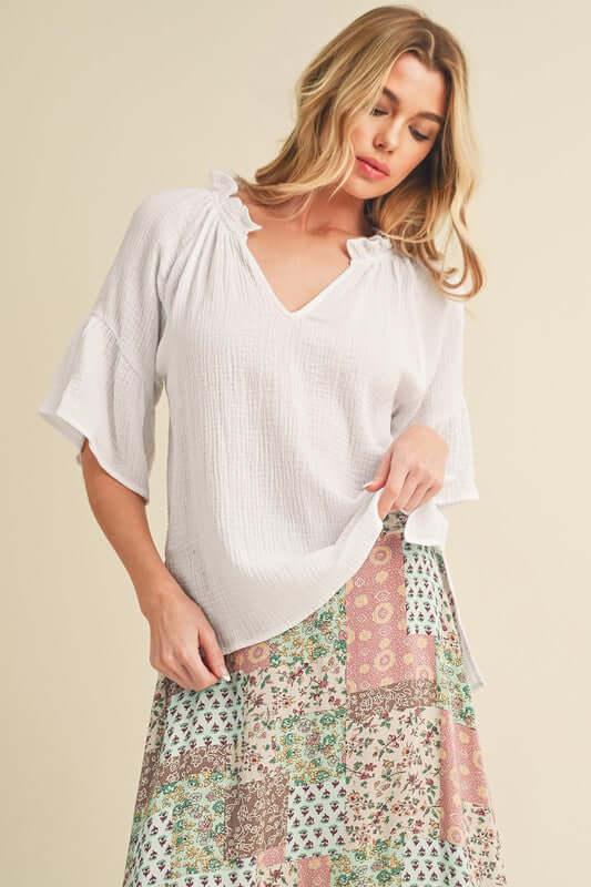 Aemi + Co Side Slit Notched Ruffled Half Sleeve Blouse - Clothes For Her Online Store