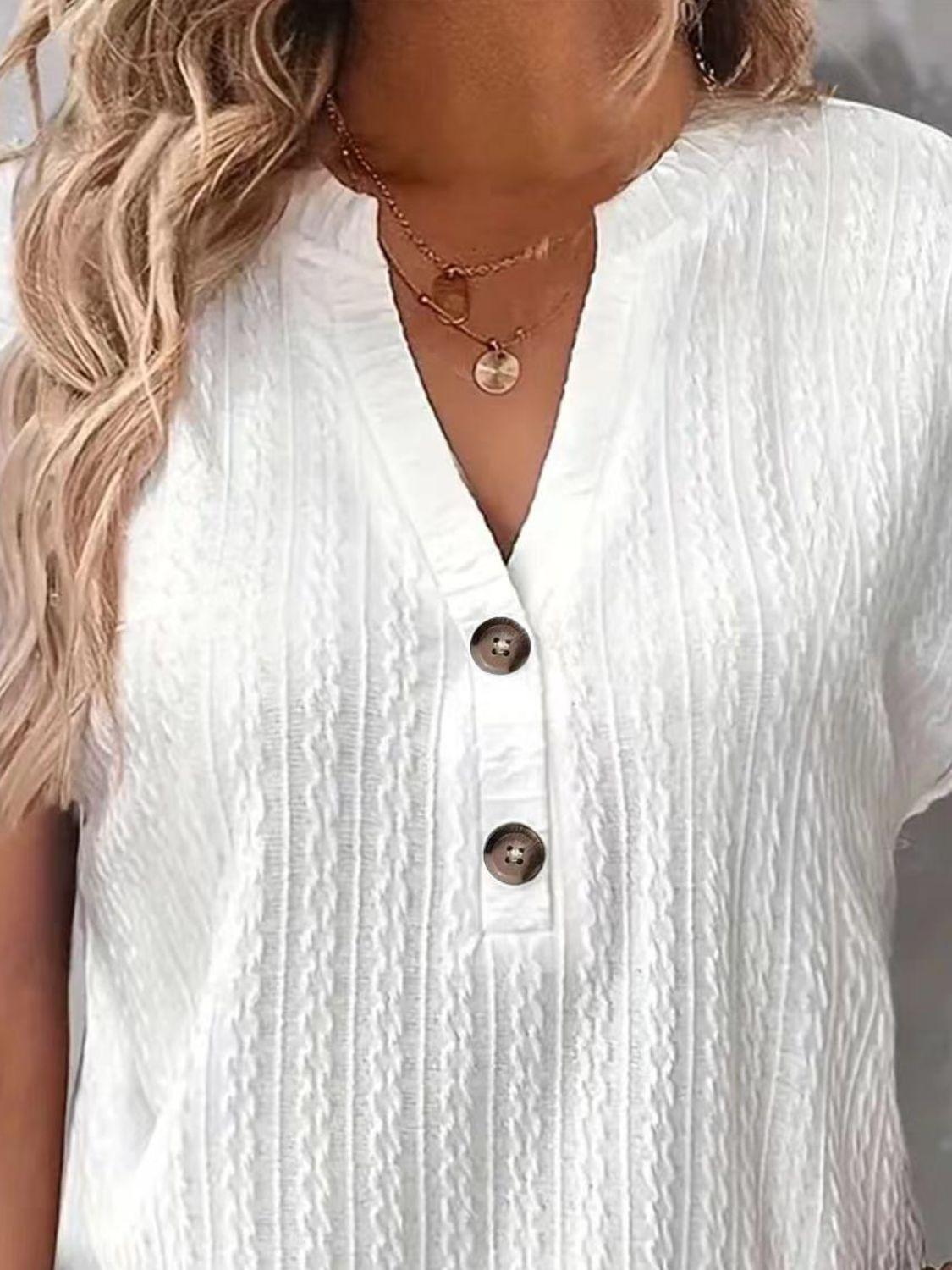 Textured Notched Short Sleeve Top - Clothes For Her Online Store