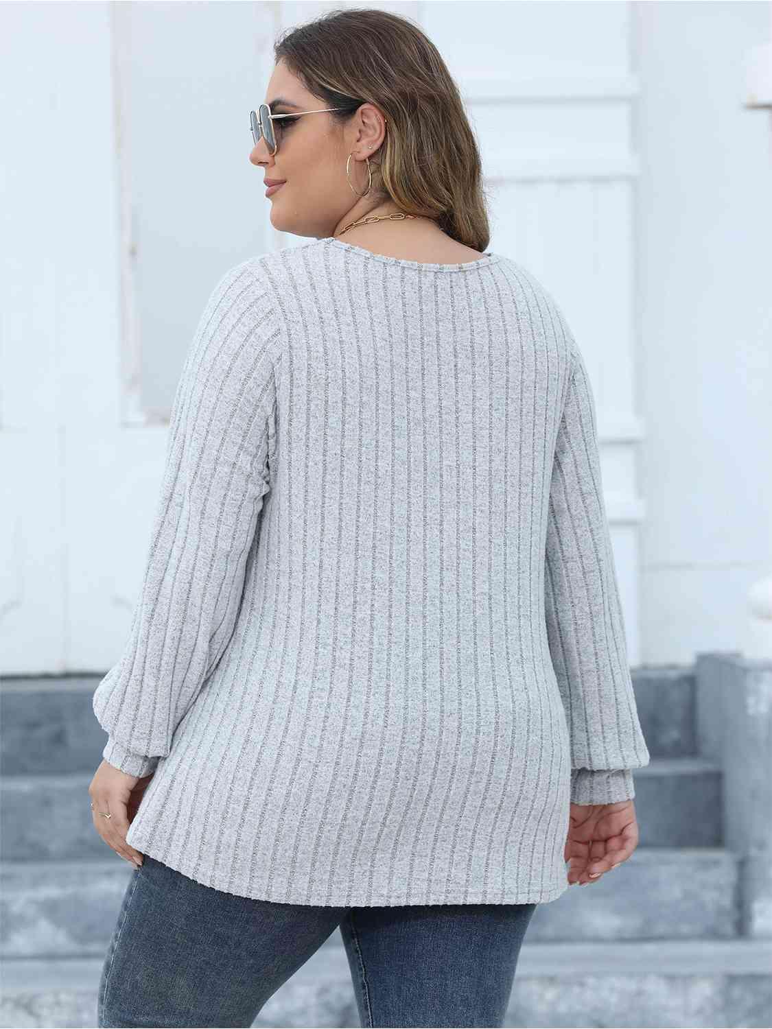 Plus Size Ribbed V-Neck Long Sleeve Top - Clothes For Her Online Store