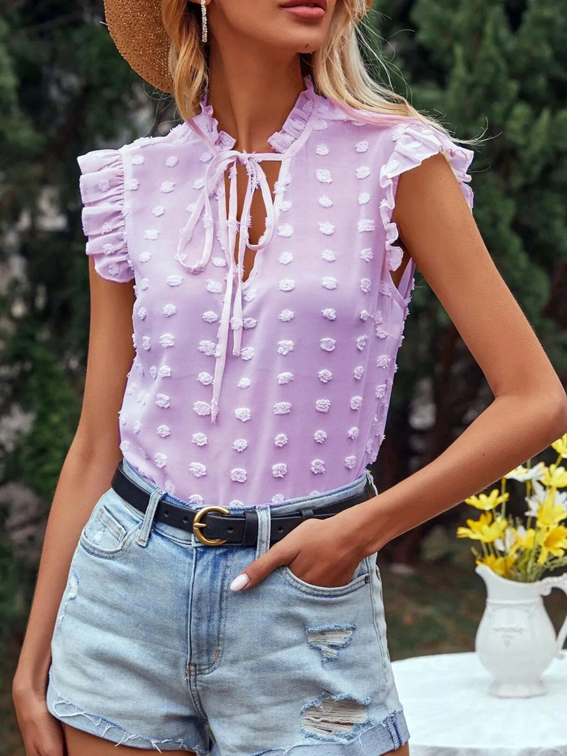 Frill Tie Neck Cap Sleeve Blouse