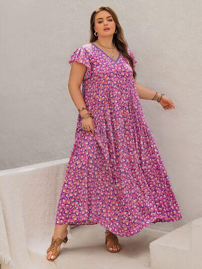 Plus Size Printed V-Neck Flutter Sleeve Tie Waist Maxi Dress - Clothes For Her Online Store