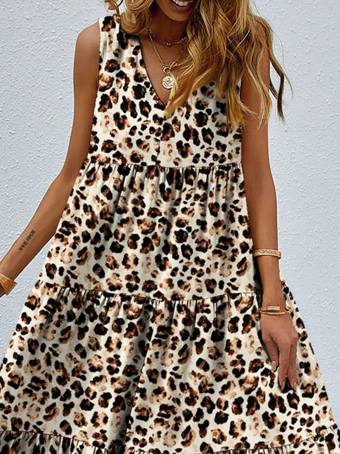 Printed V-Neck Tiered Maxi Tank Dress