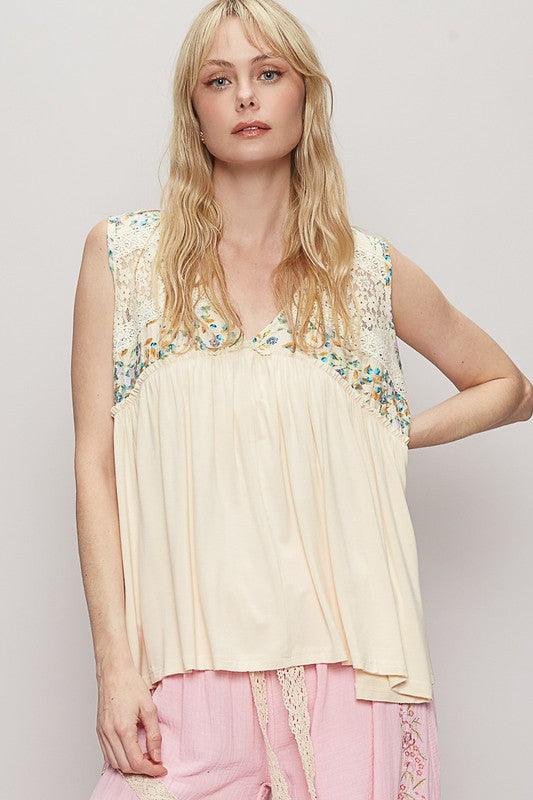 POL Lace Detail Frill Floral V-Neck Sleeveless Top - Clothes For Her Online Store