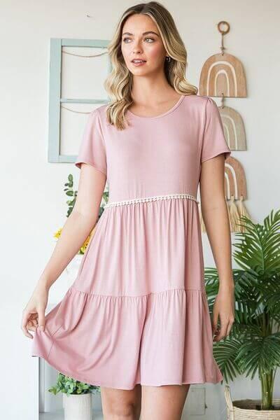 Heimish Full Size Solid Mini Tiered Dress with Pompom Lace Plus Size - Clothes For Her Online Store