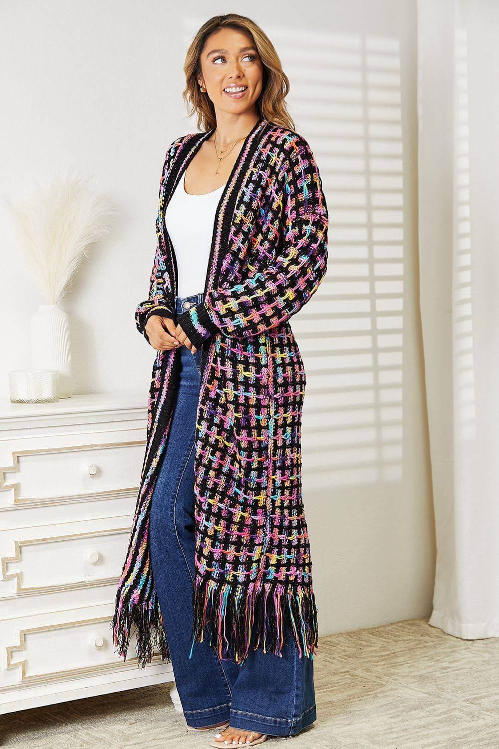 Angel Wings Full Size Multicolored Open Front Fringe Hem Cardigan - Clothes For Her Online Store