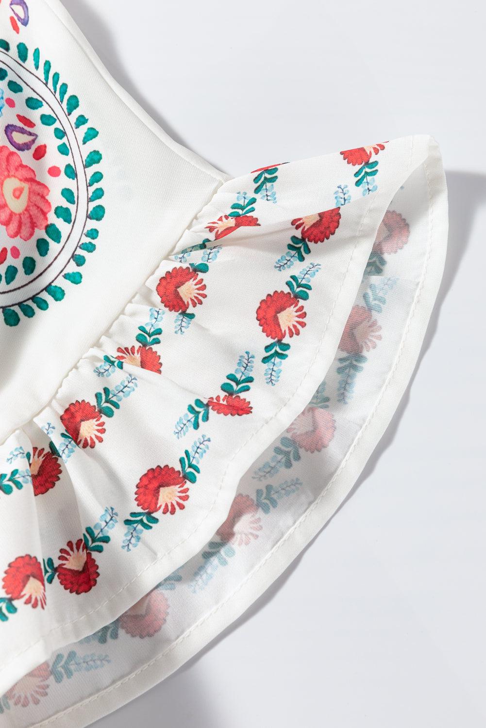 Floral Print Round Neck Ruffle Trim Blouse - Clothes For Her Online Store
