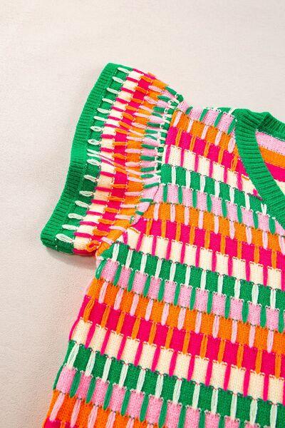 Contrast Striped V-Neck Knit Top - Clothes For Her Online Store