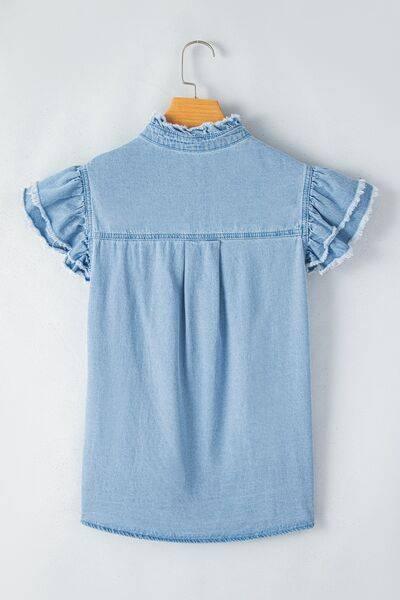 Button Down Raw Hem Ruffled Denim Shirt - Clothes For Her Online Store