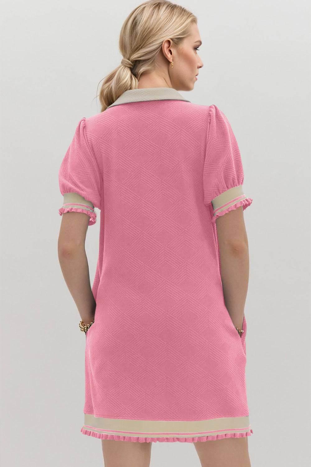 Oh Frill Contrast Trim Johnny Collar Short Sleeve Mini Dress - Clothes For Her Online Store