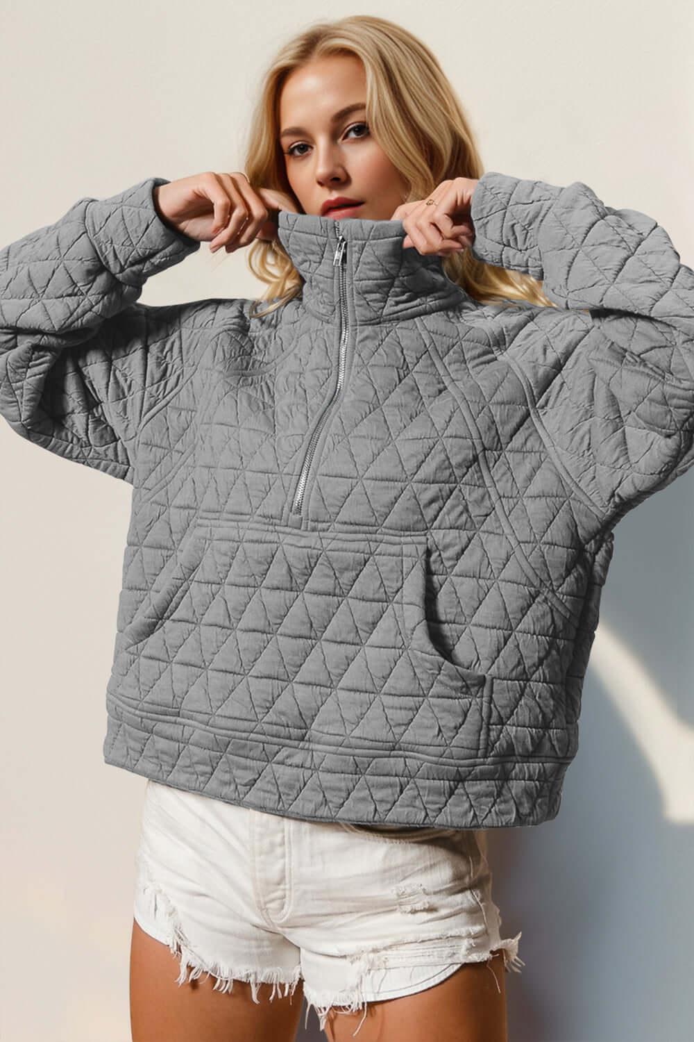 Double Take Half Zip Long Sleeve Quilted Sweatshirt with Pocket - Clothes For Her Online Store