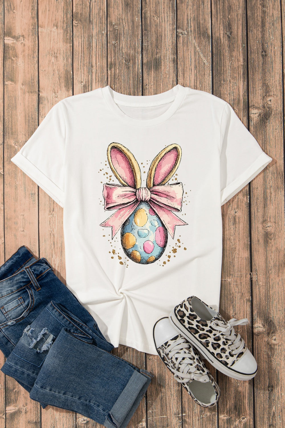 Easter Egg Bow Bunny Ear Graphic T-Shirt - Clothes For Her Online Store