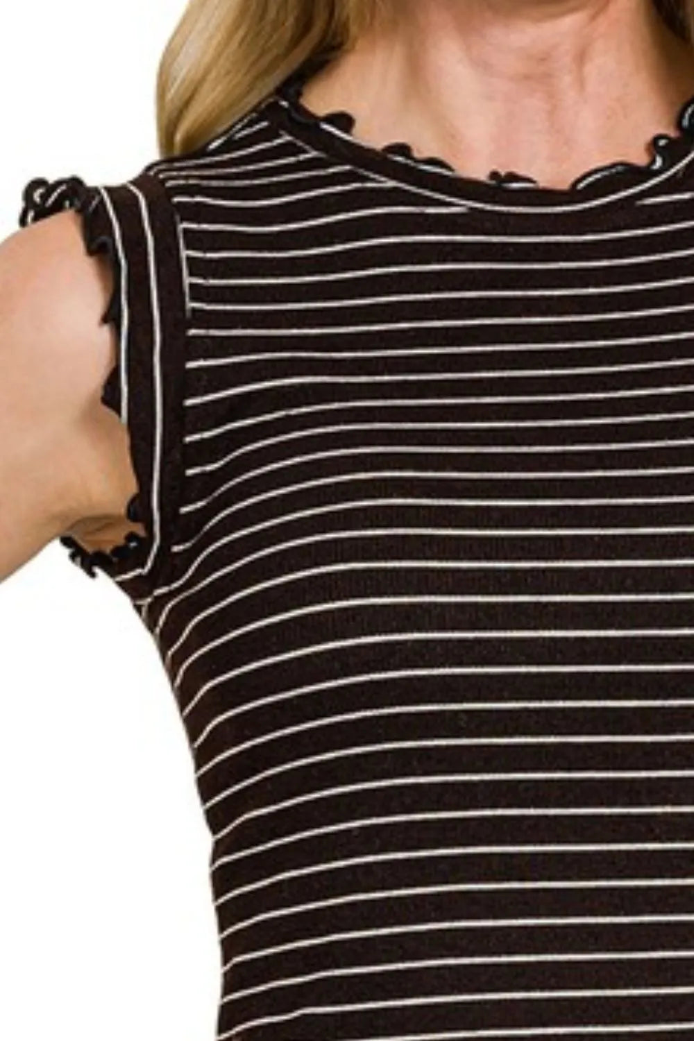 Zenana Ribbed Ruffle Trim Sleeveless Stripe Top