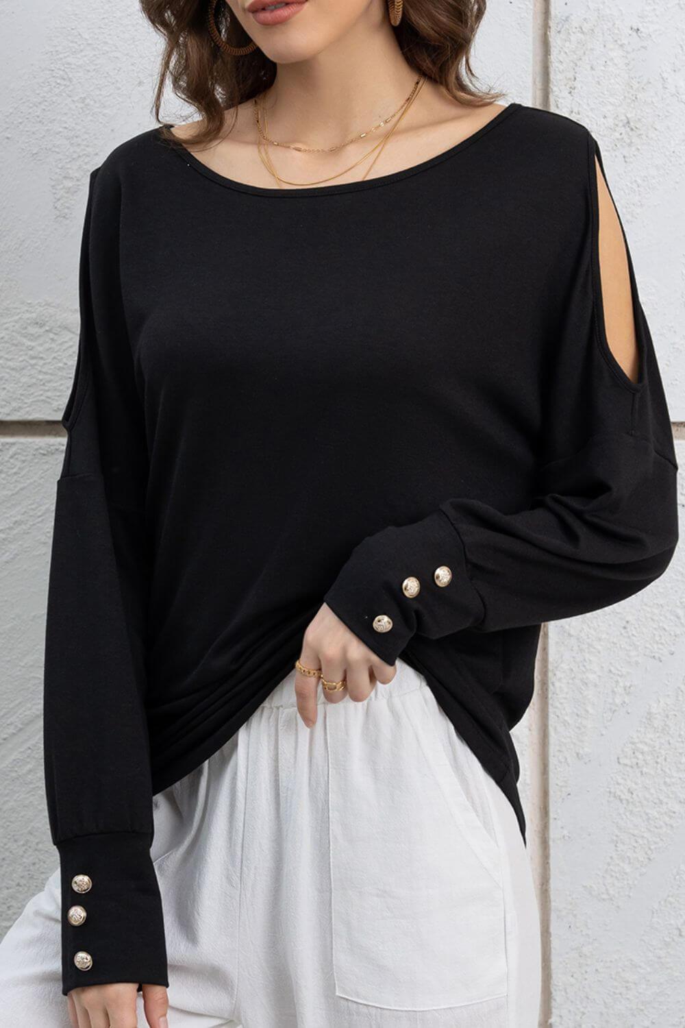 Cutout Round Neck Long Sleeve Top - Clothes For Her Online Store