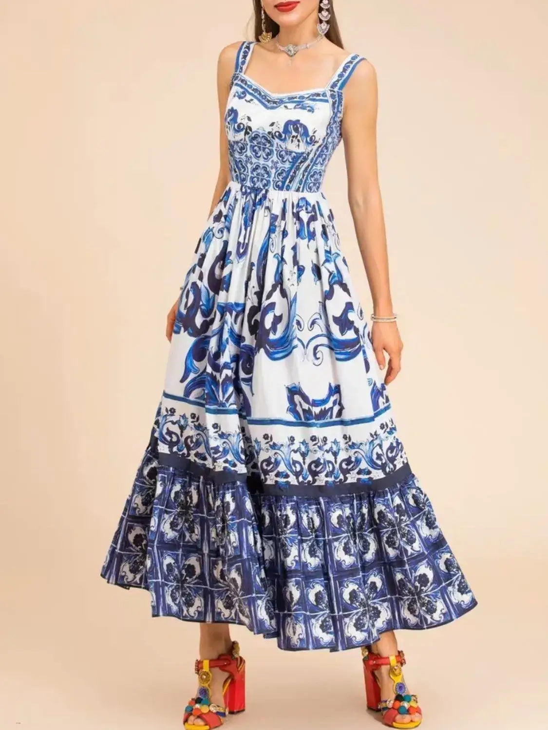 Smocked Printed Wide Strap Dress