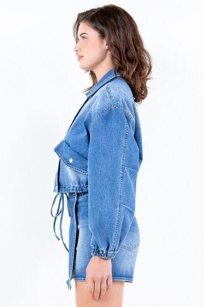 American Bazi Full Size Drop Shoulder Cropped Denim Jacket with Waist Strap Plus Size - Clothes For Her Online Store
