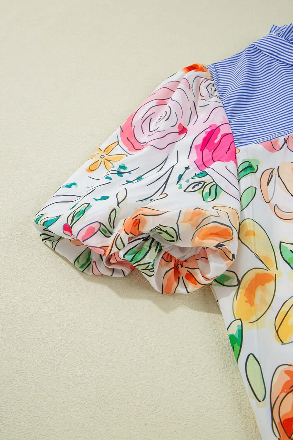 Floral Striped Yoke Frilled Tie Neck Puff Short Sleeve Blouse - Clothes For Her Online Store