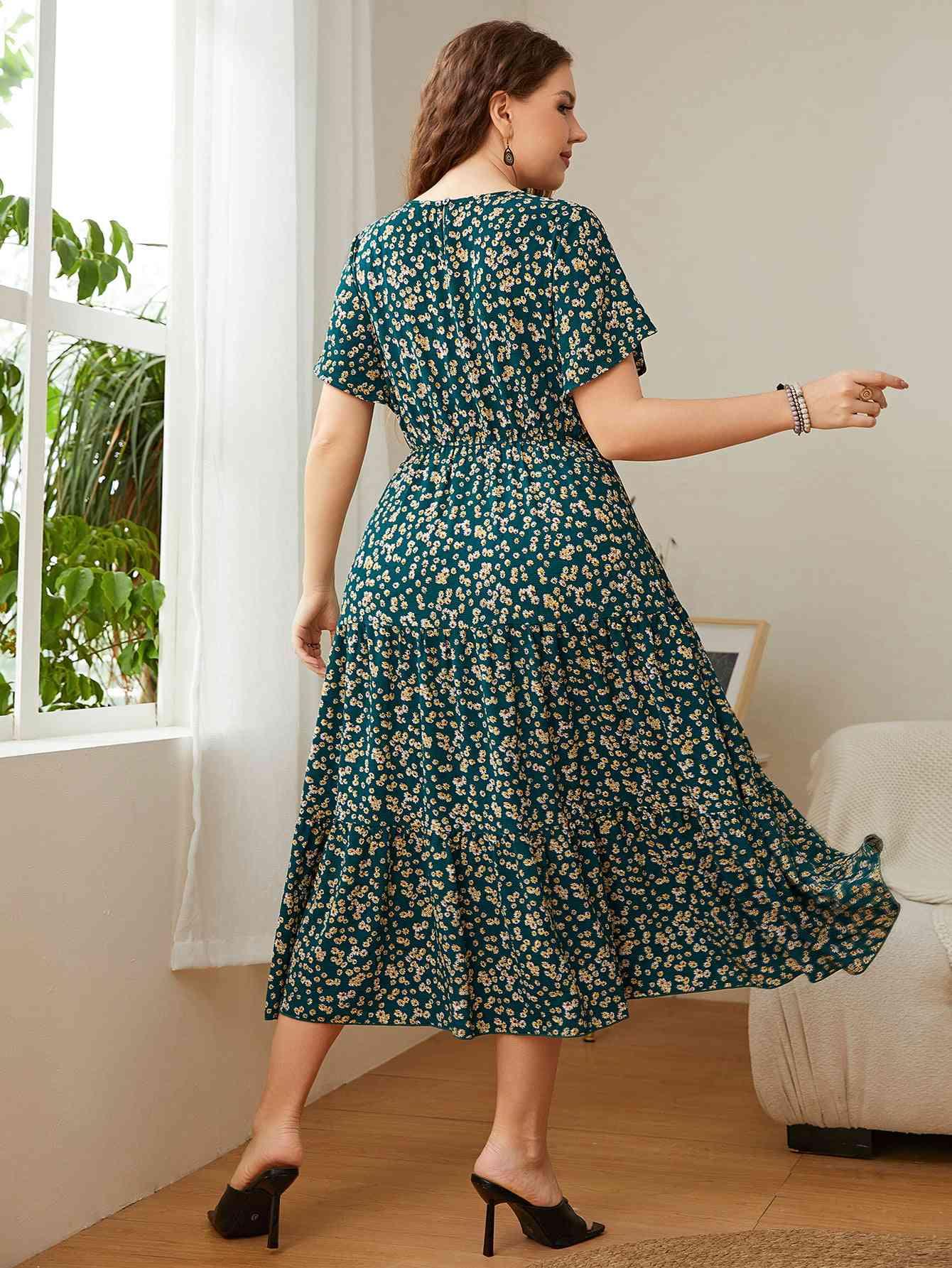 Honey Plus Size Floral Round Neck Short Sleeve Midi Dress - Clothes For Her Online Store
