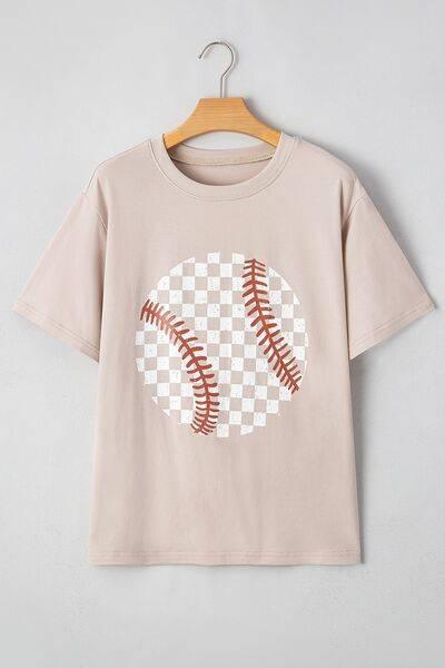 Contrast Checkered Baseball Graphic Round Neck Short Sleeve T-Shirt - Clothes For Her Online Store