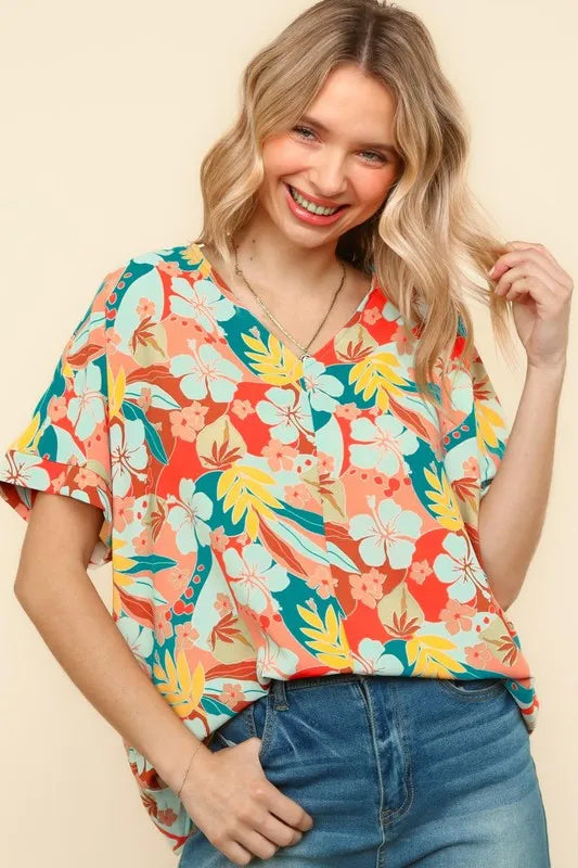 Haptics V Neck Drop Shoulder Hawaiian Woven Top
