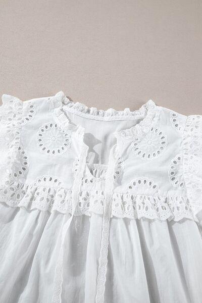 Lace Patchwork Tie Neck Short Sleeve Blouse - Clothes For Her Online Store