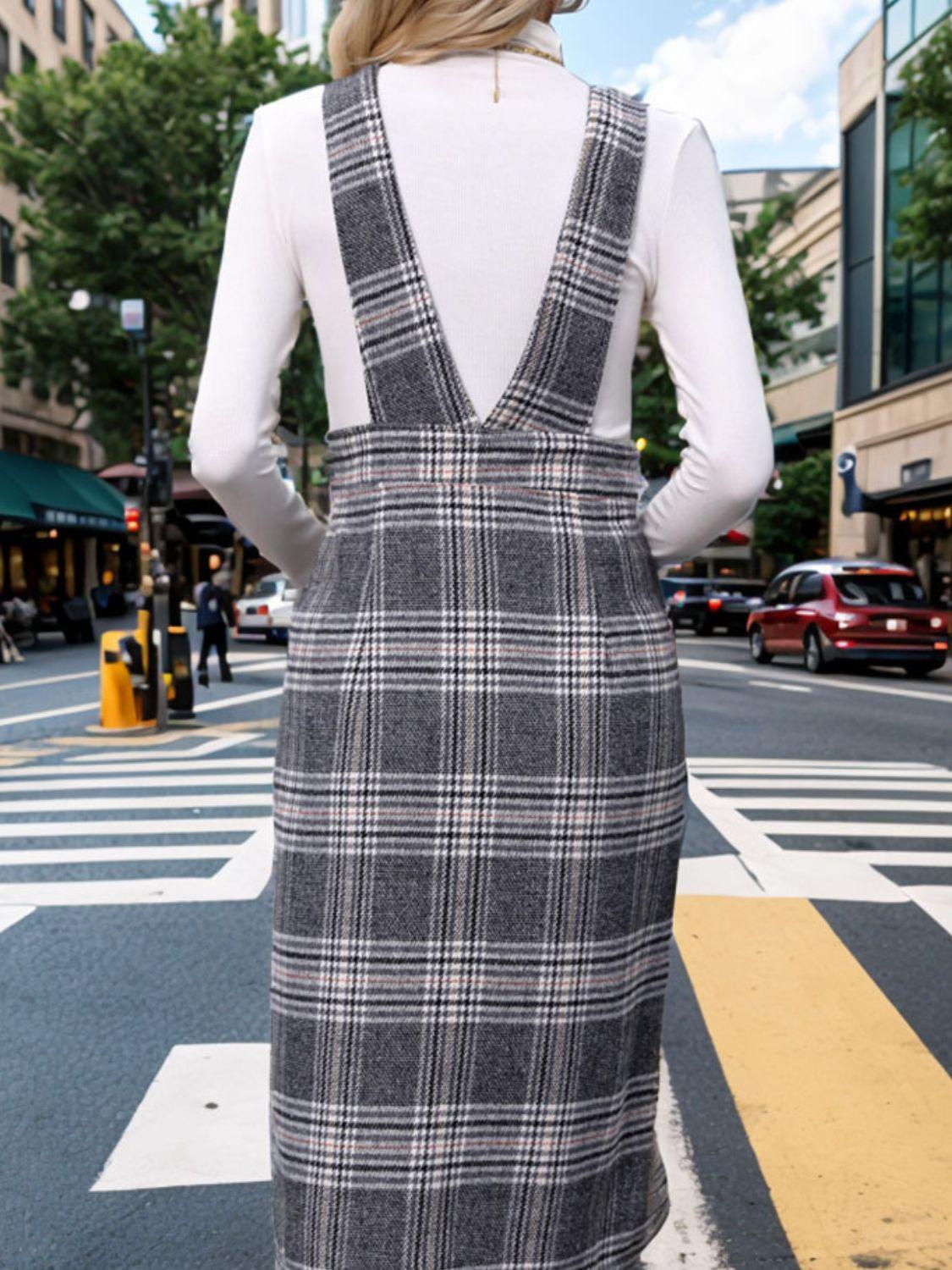 Perfee Pocketed Plaid Overall Dress - Clothes For Her Online Store