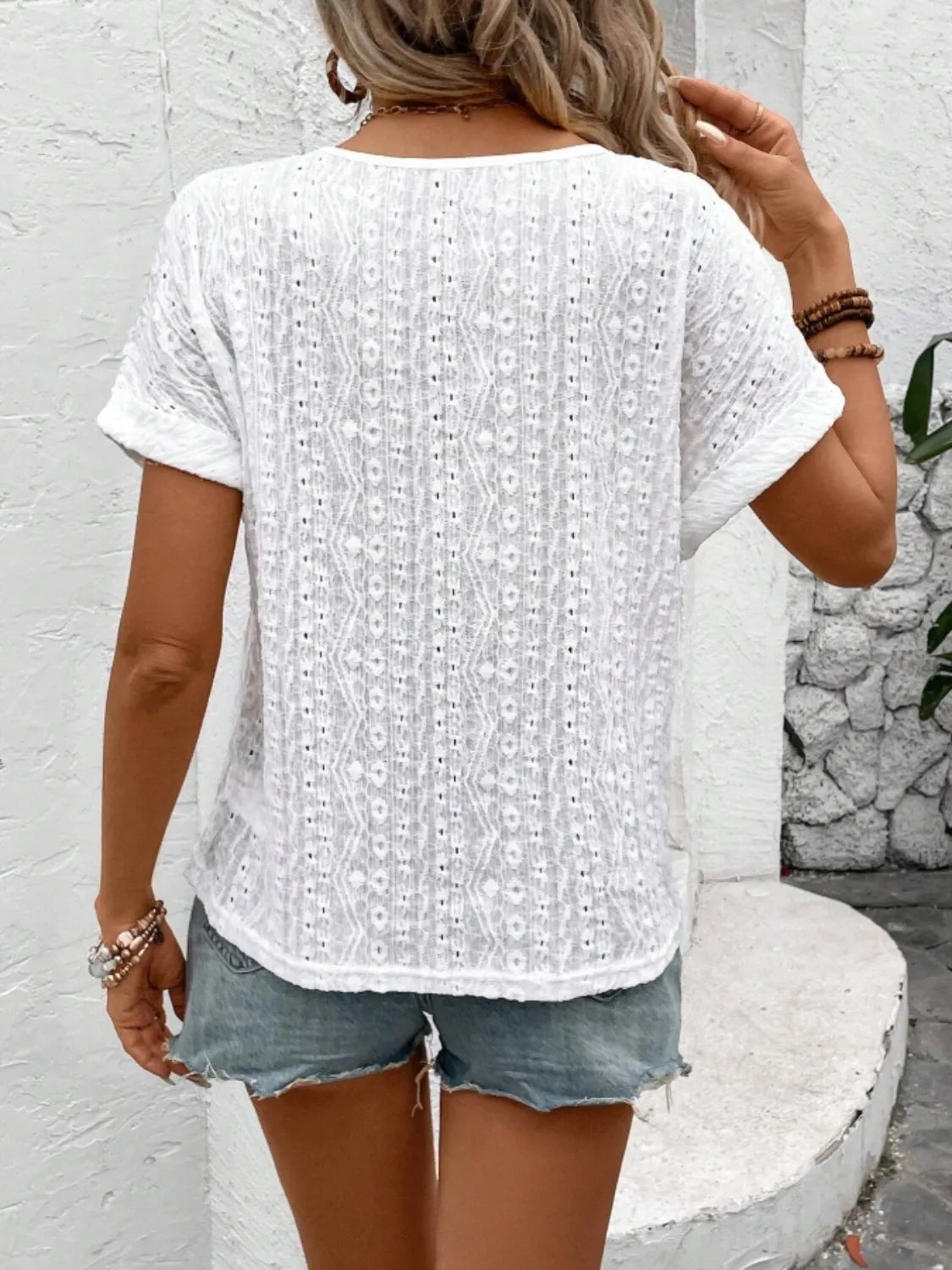 Eyelet Round Neck Short Sleeve Top