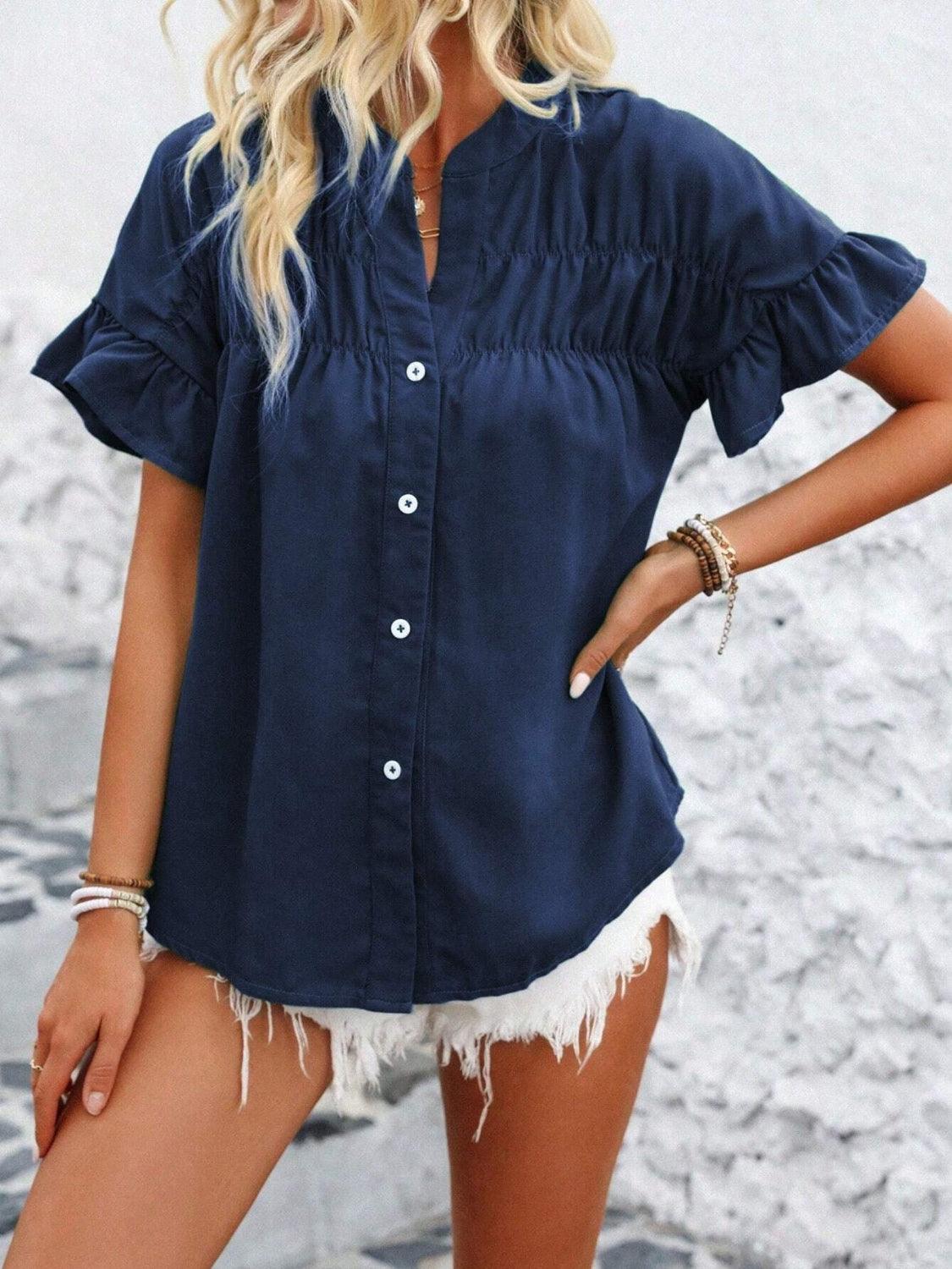Button Down Ruffled Short Sleeve Shirt - Clothes For Her Online Store