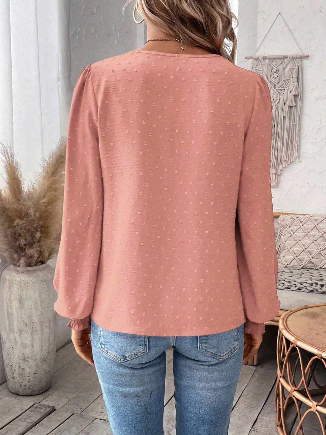 Swiss Dot Lace Detail Notched Long Sleeve Blouse - Clothes For Her Online Store