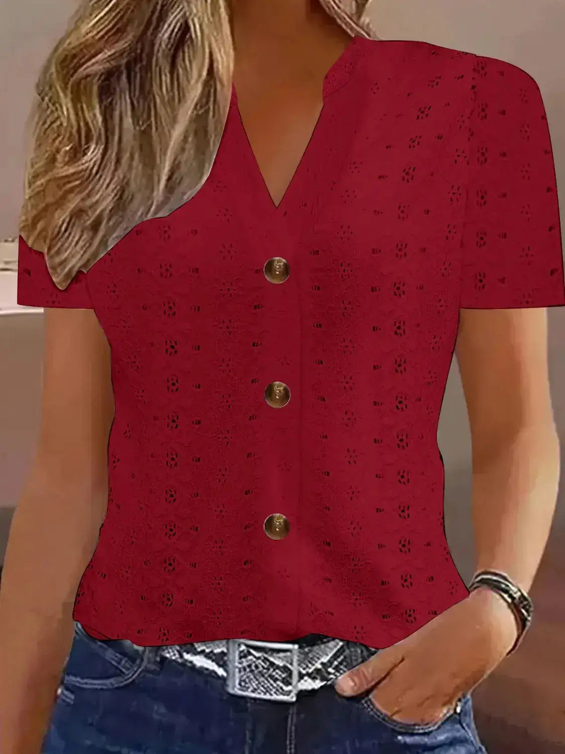 Openwork Notched Short Sleeve Top - Clothes For Her Online Store